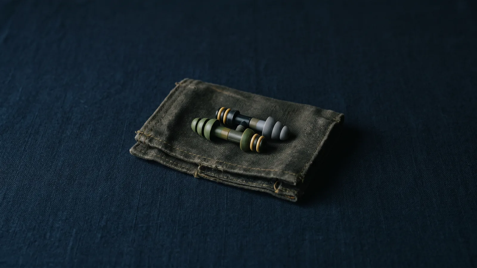 A pair of small dual-ended earplugs on dark canvas