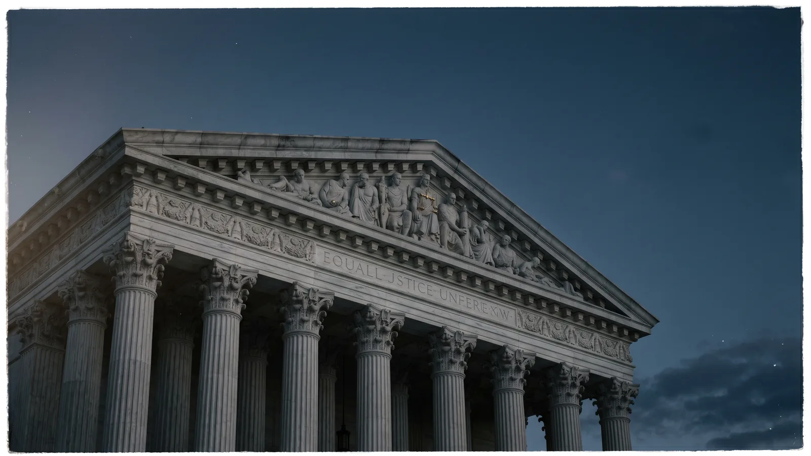 The carved pediment and fluted columns of a neoclassical Washington DC court building at dusk