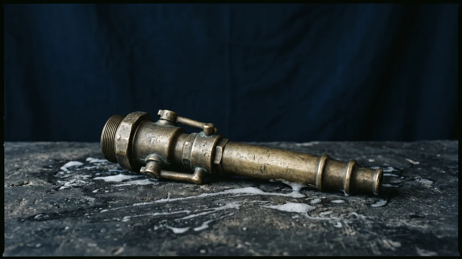 A brass fire hose nozzle resting on dark concrete