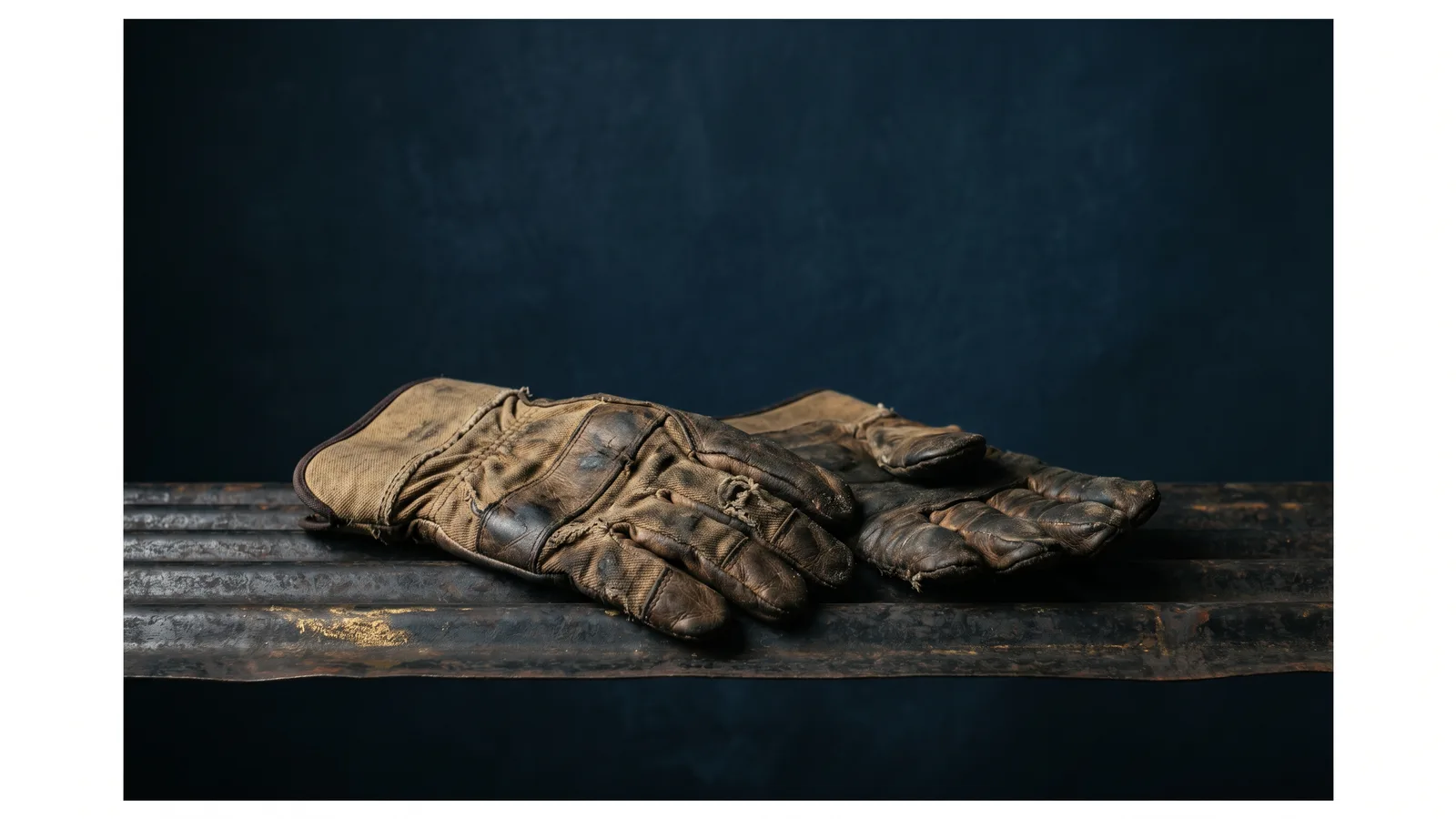 Weathered industrial work gloves on dark corrugated steel