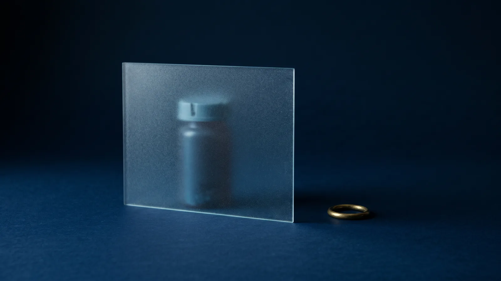 A prescription bottle silhouetted behind frosted glass