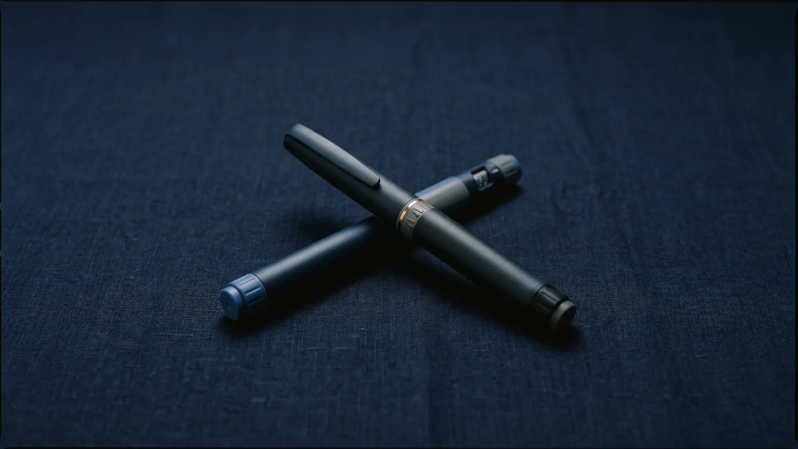 Two injection pens crossed on dark linen