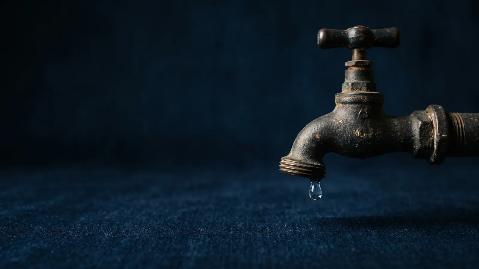 A steel water spigot with a single suspended water drop