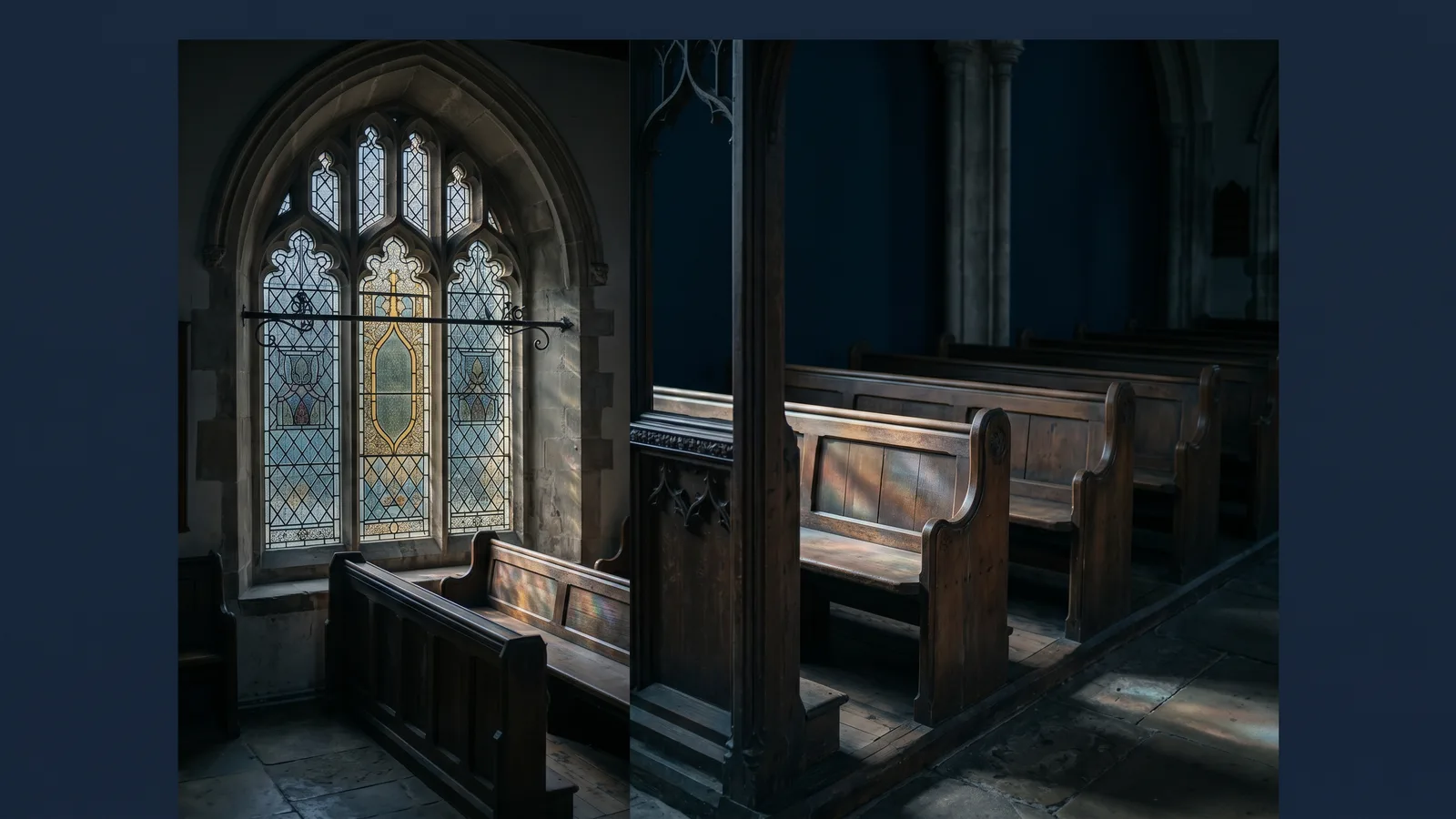 Light through a tall arched window falling onto empty wooden pews