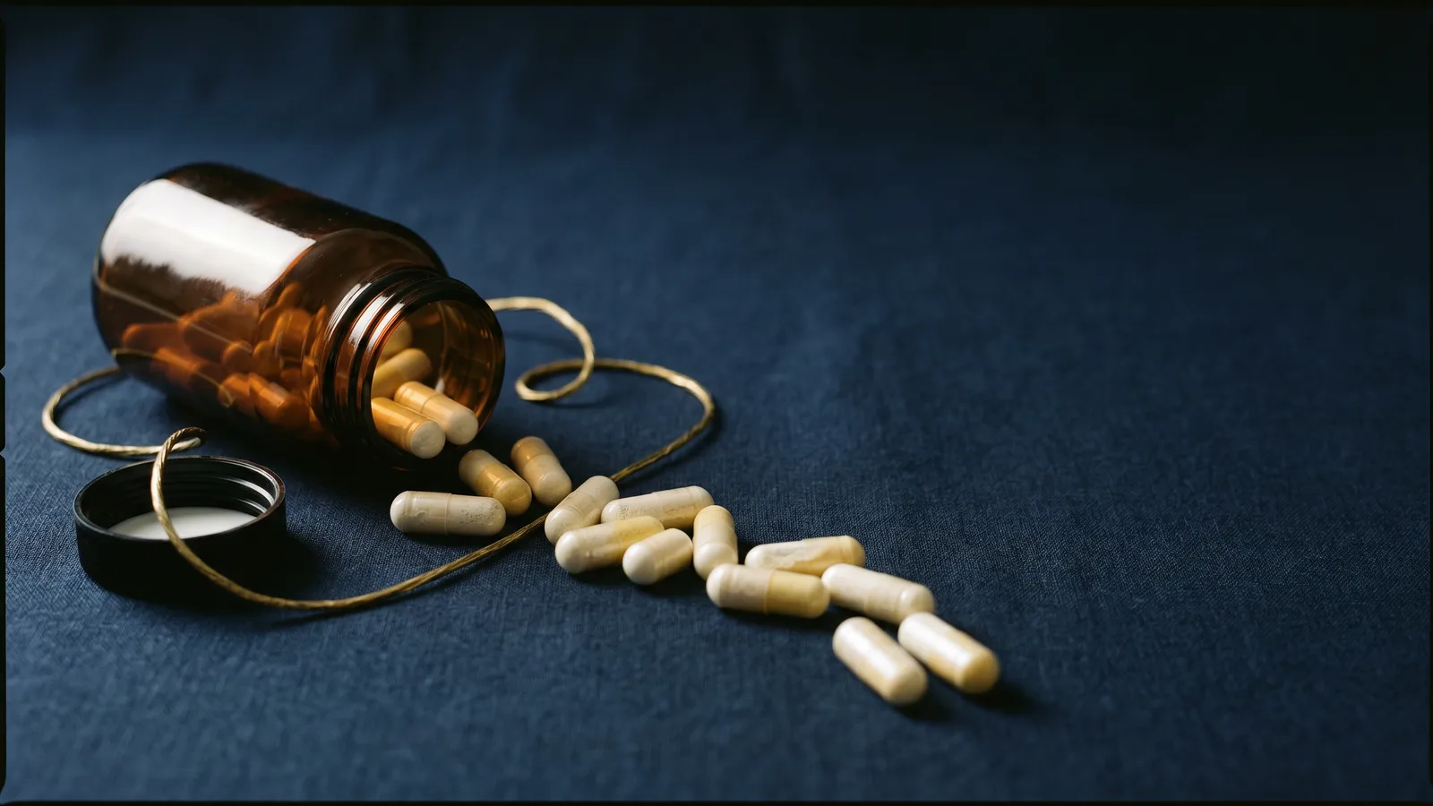 An open amber pill bottle with capsules spilling toward the light