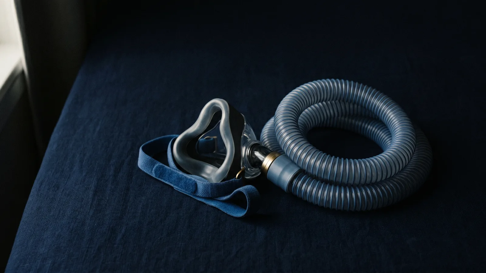 A CPAP mask and coiled hose in chiaroscuro light
