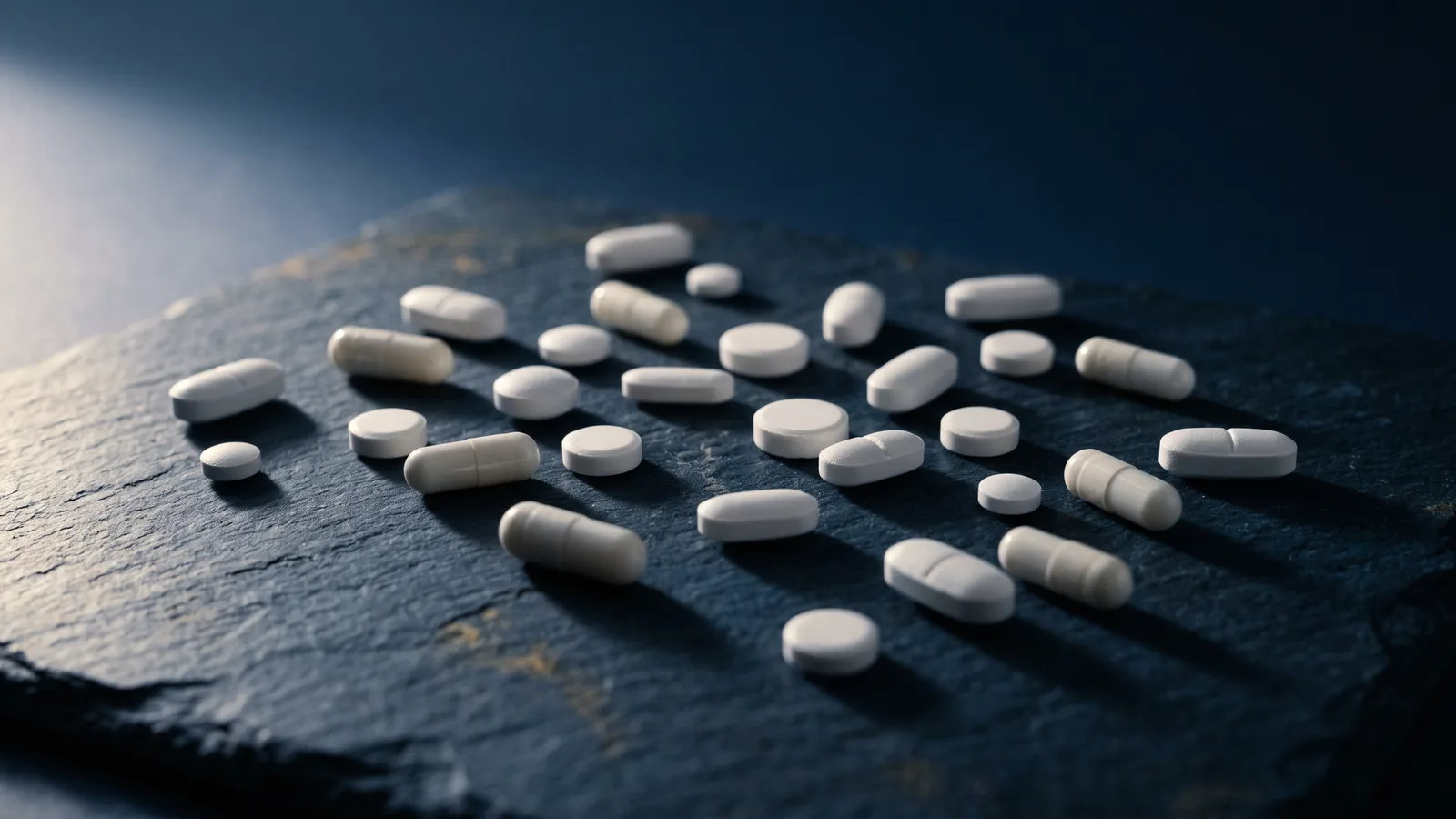 Assorted white pills and capsules casting long shadows across dark stone