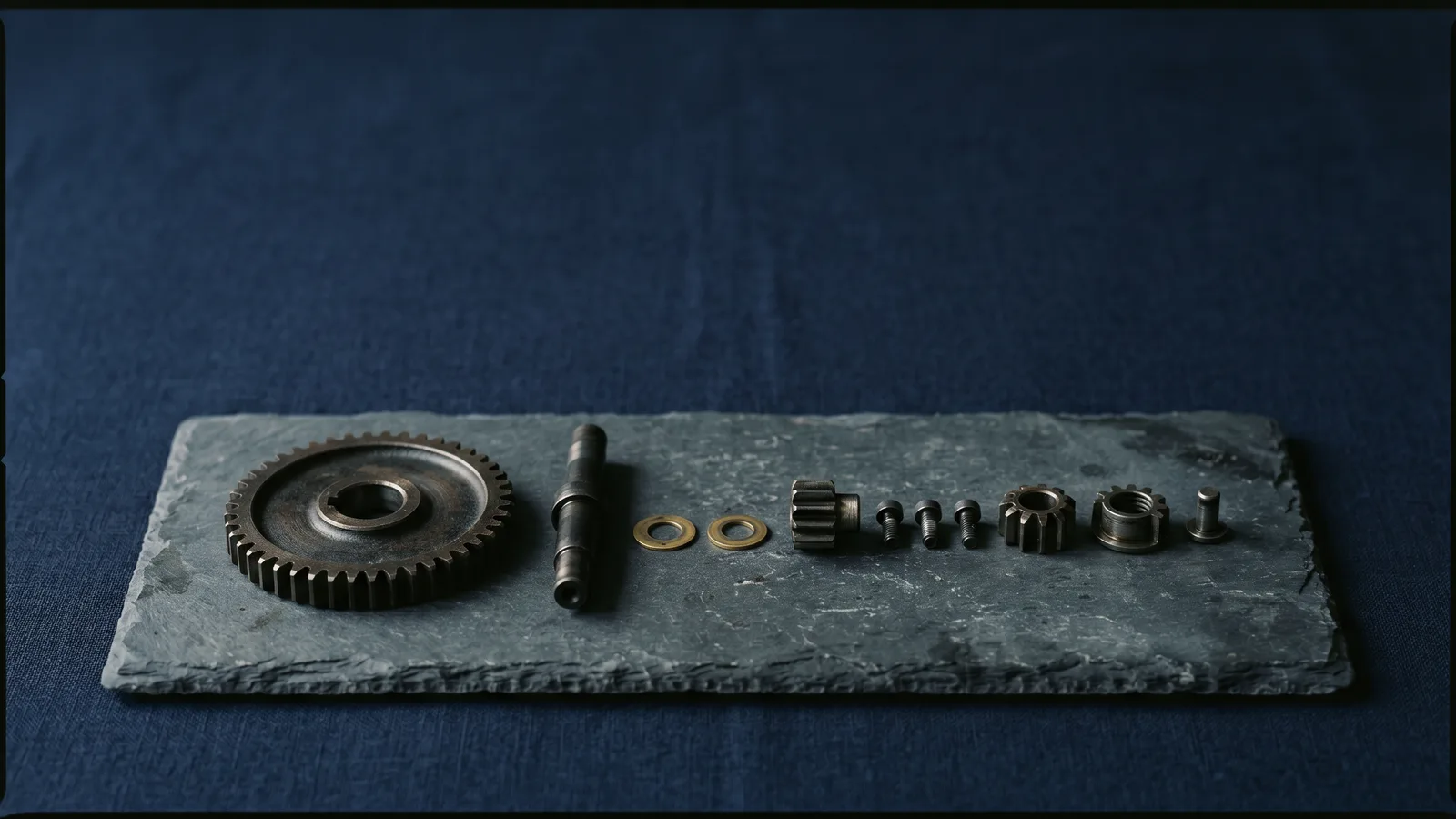 A dark gear and mechanical parts arranged in a precise row