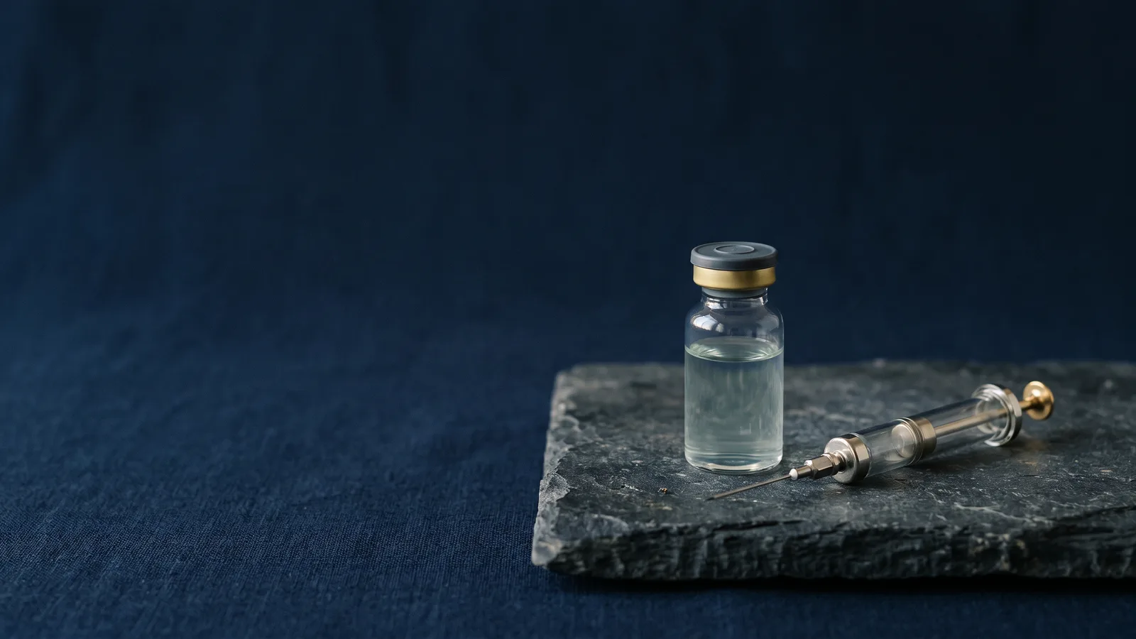 A glass medical vial and syringe on dark stone