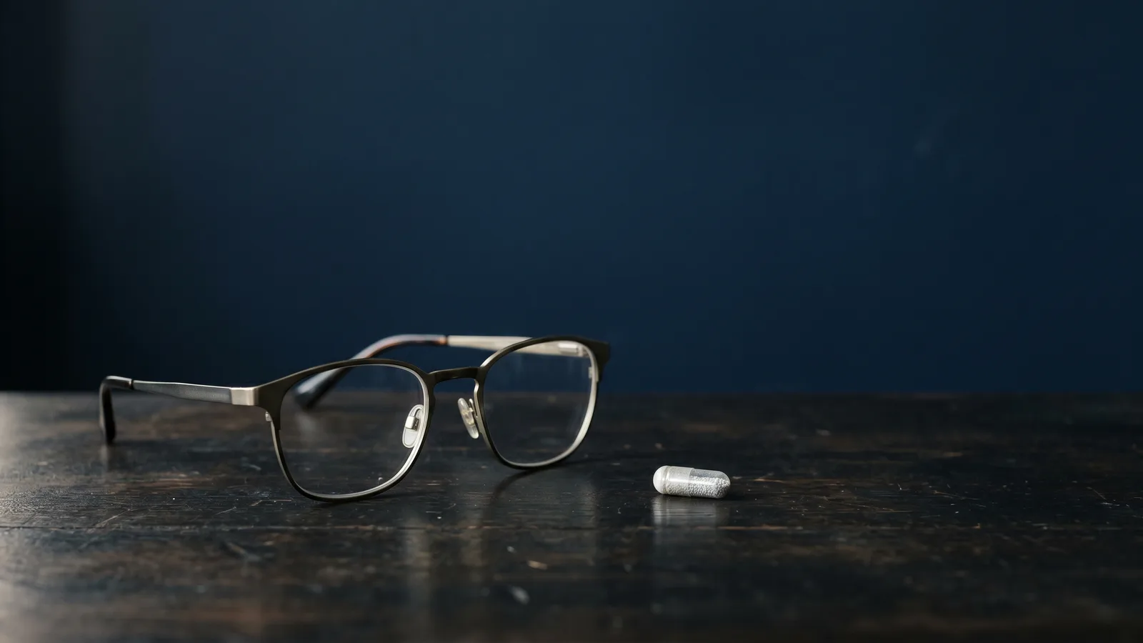 Reading glasses beside a single capsule on a dark table