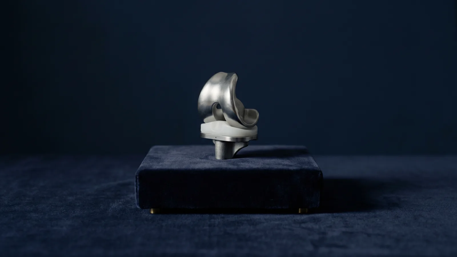 A knee implant prosthesis displayed like a museum artifact