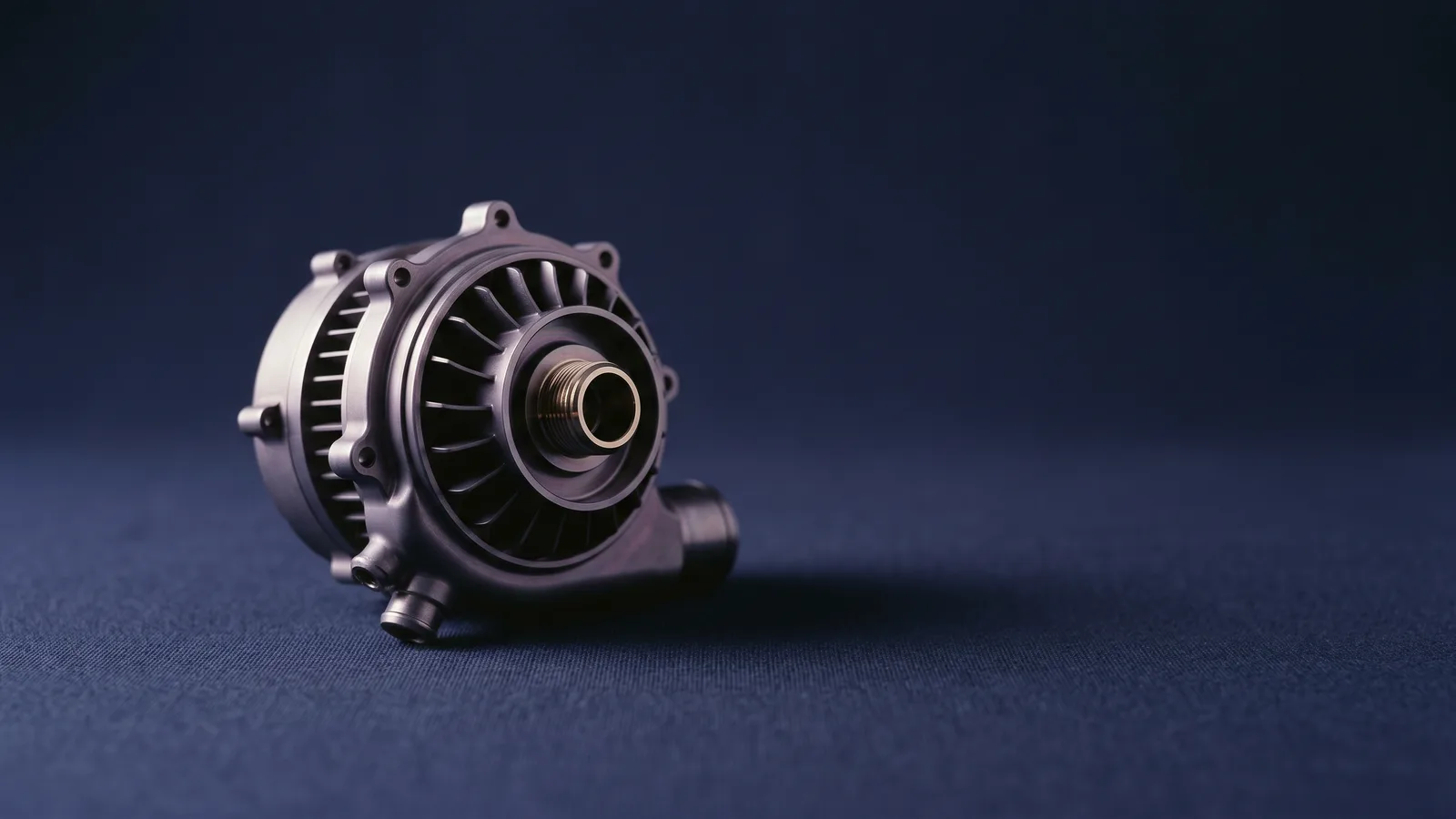 A turbine-like titanium medical pump in museum lighting