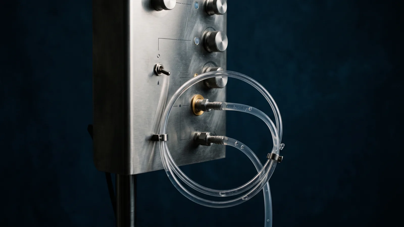 A brushed steel medical machine panel with clear tubing