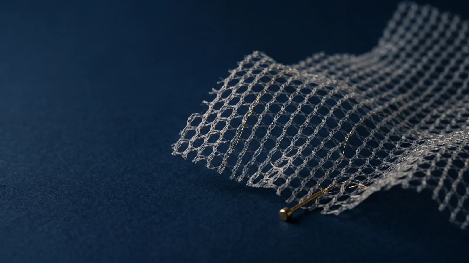 A macro weave of surgical mesh in raking light