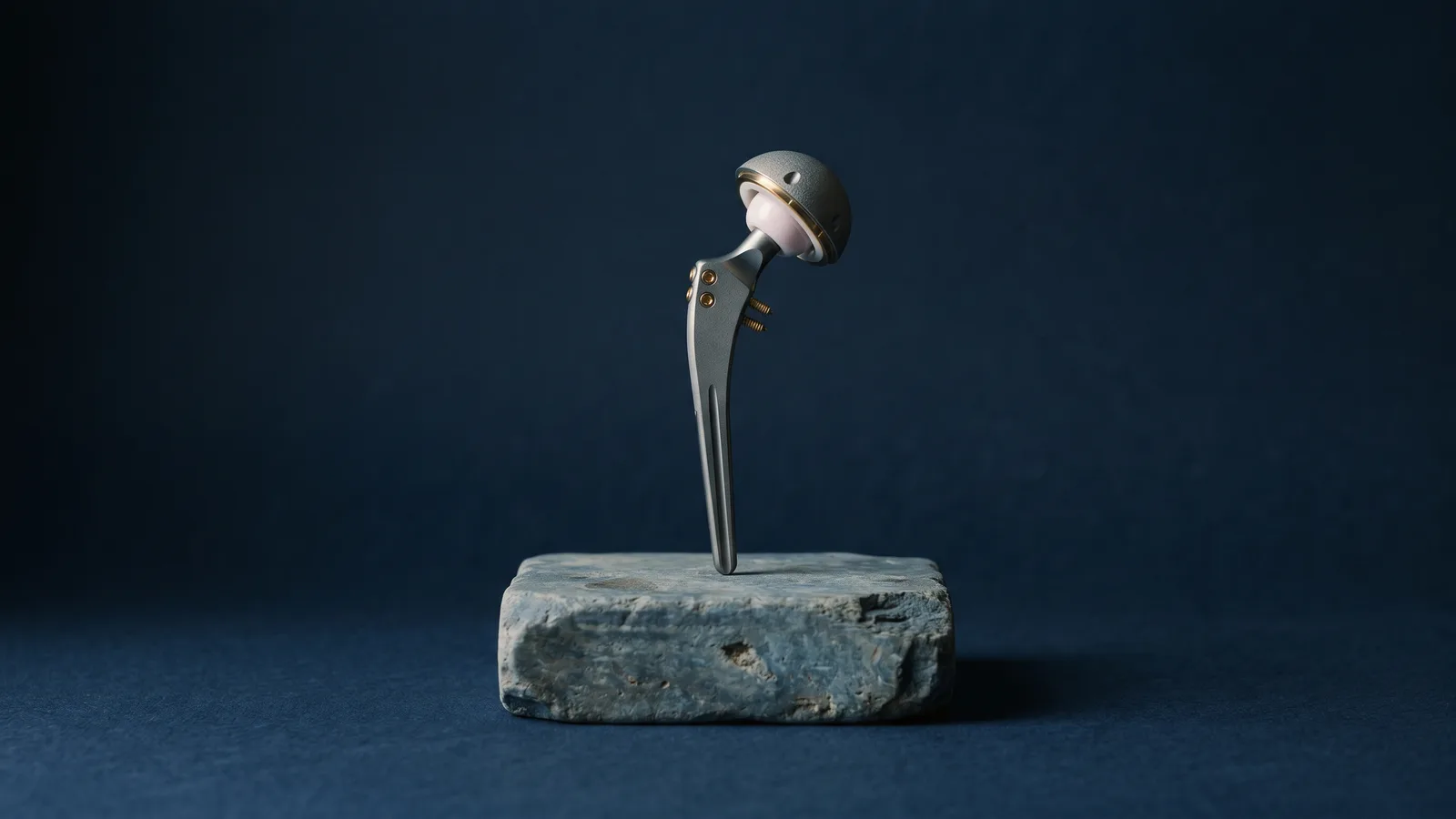A titanium hip implant standing like sculpture on a stone plinth