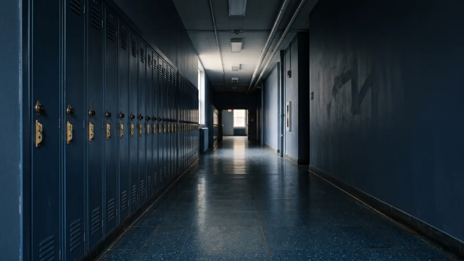 An empty school corridor with lockers receding into soft light