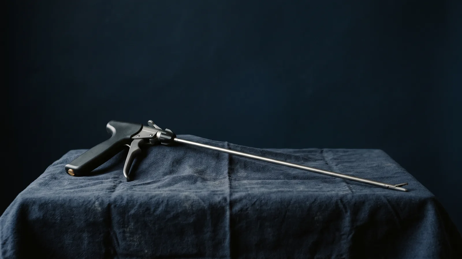 A long cylindrical laparoscopic instrument on dark cloth