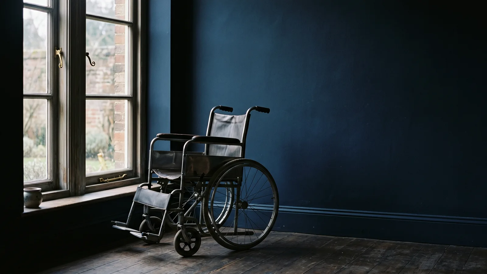 An empty wheelchair beside a window in soft light