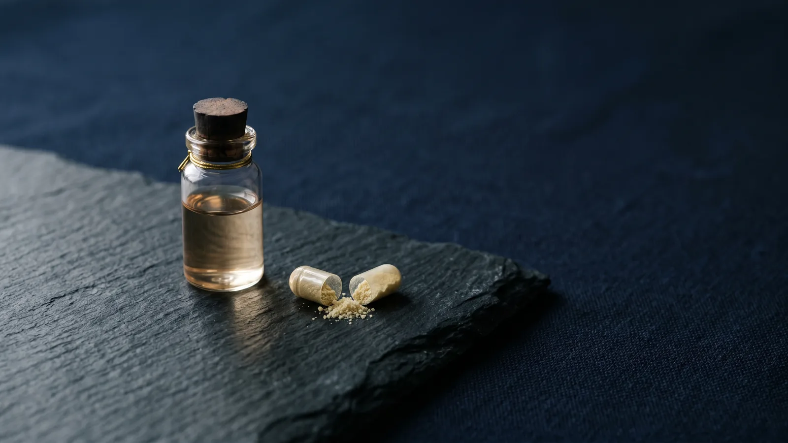 A capsule split open beside a small glass vial