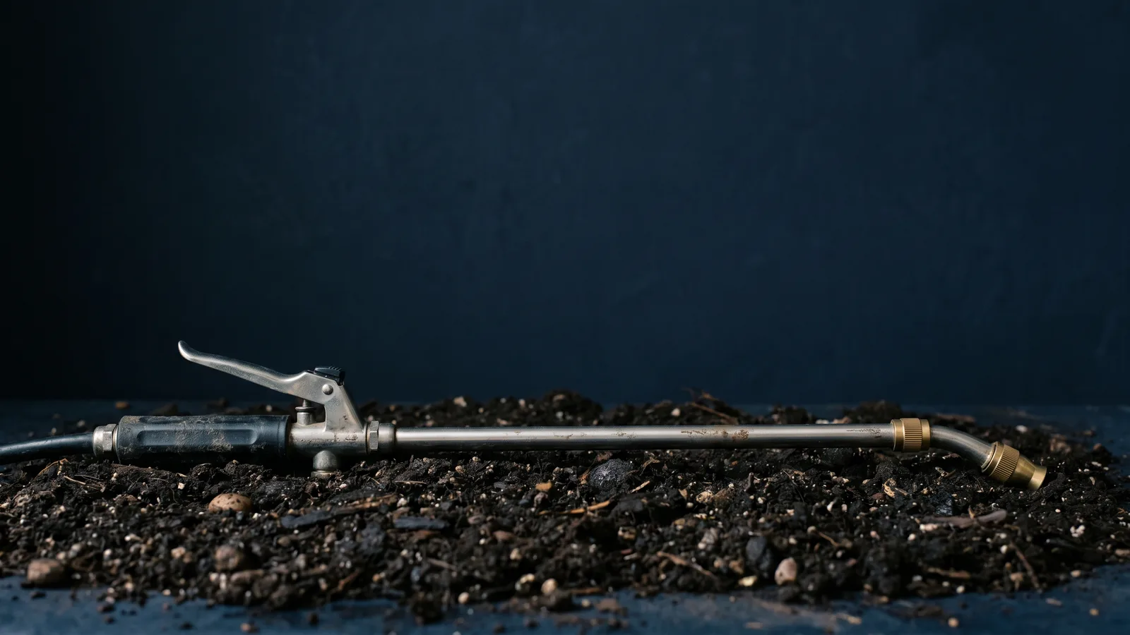 A garden sprayer wand resting across dark soil