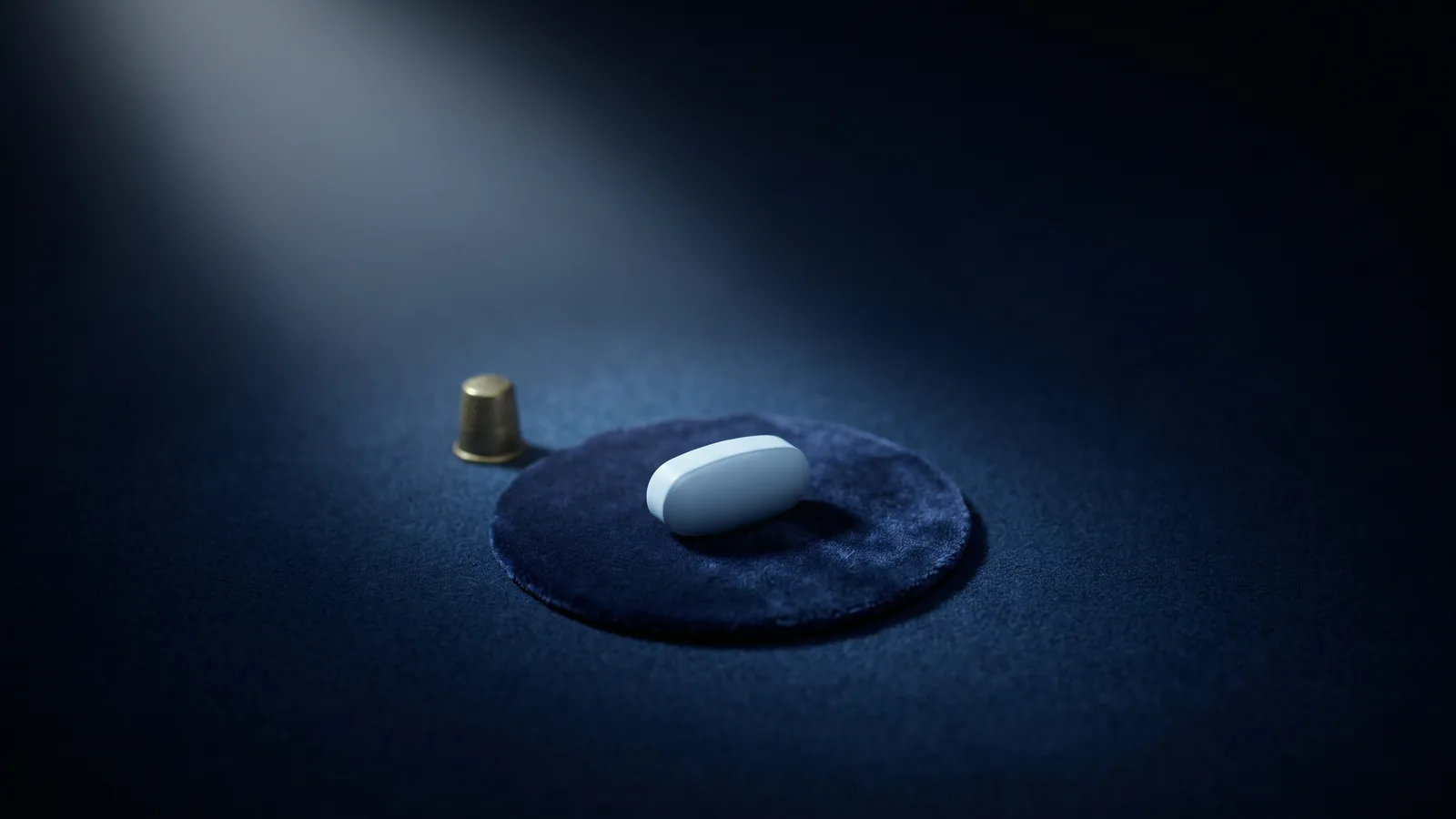 A white caplet on dark velvet under a narrow spotlight