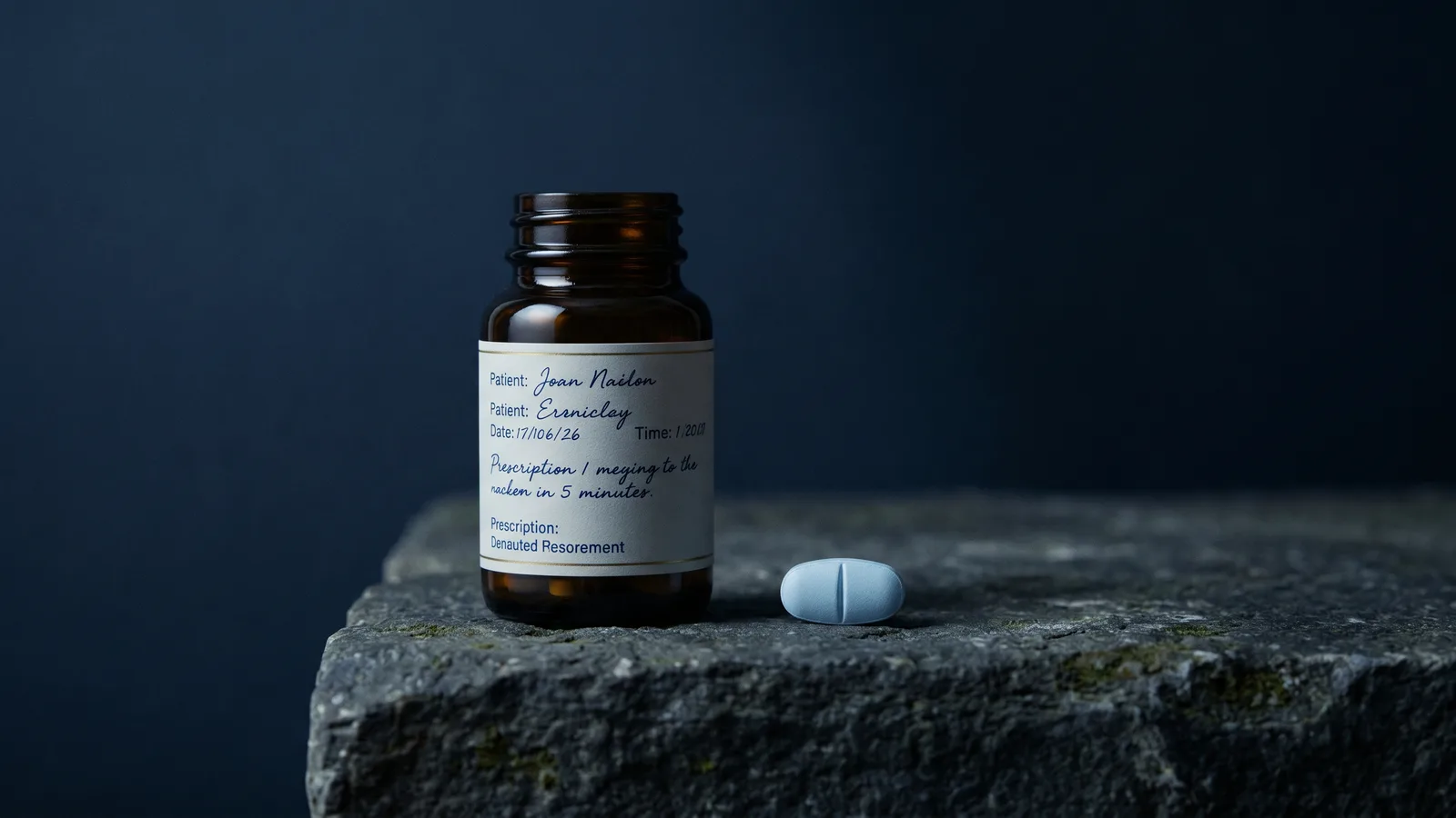 A prescription bottle and tablet on a stone ledge