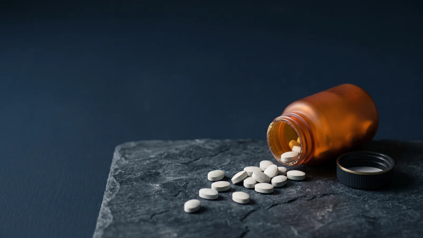 An amber prescription bottle with tablets spilling across dark stone