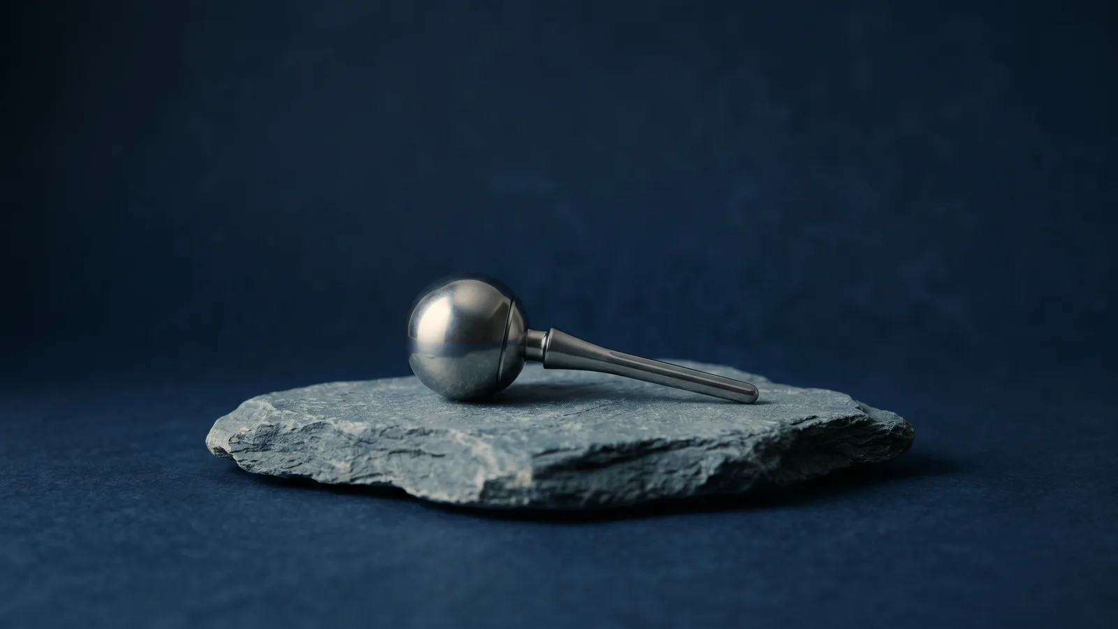 A polished shoulder implant sphere and stem on stone